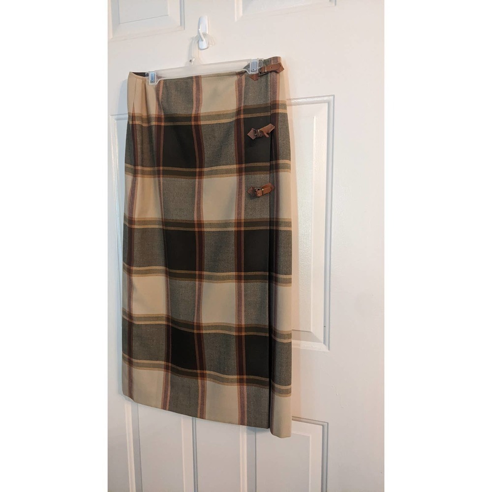 Vintage Rena Rowan Plaid Wrap Skirt with Leather Buckle Accents